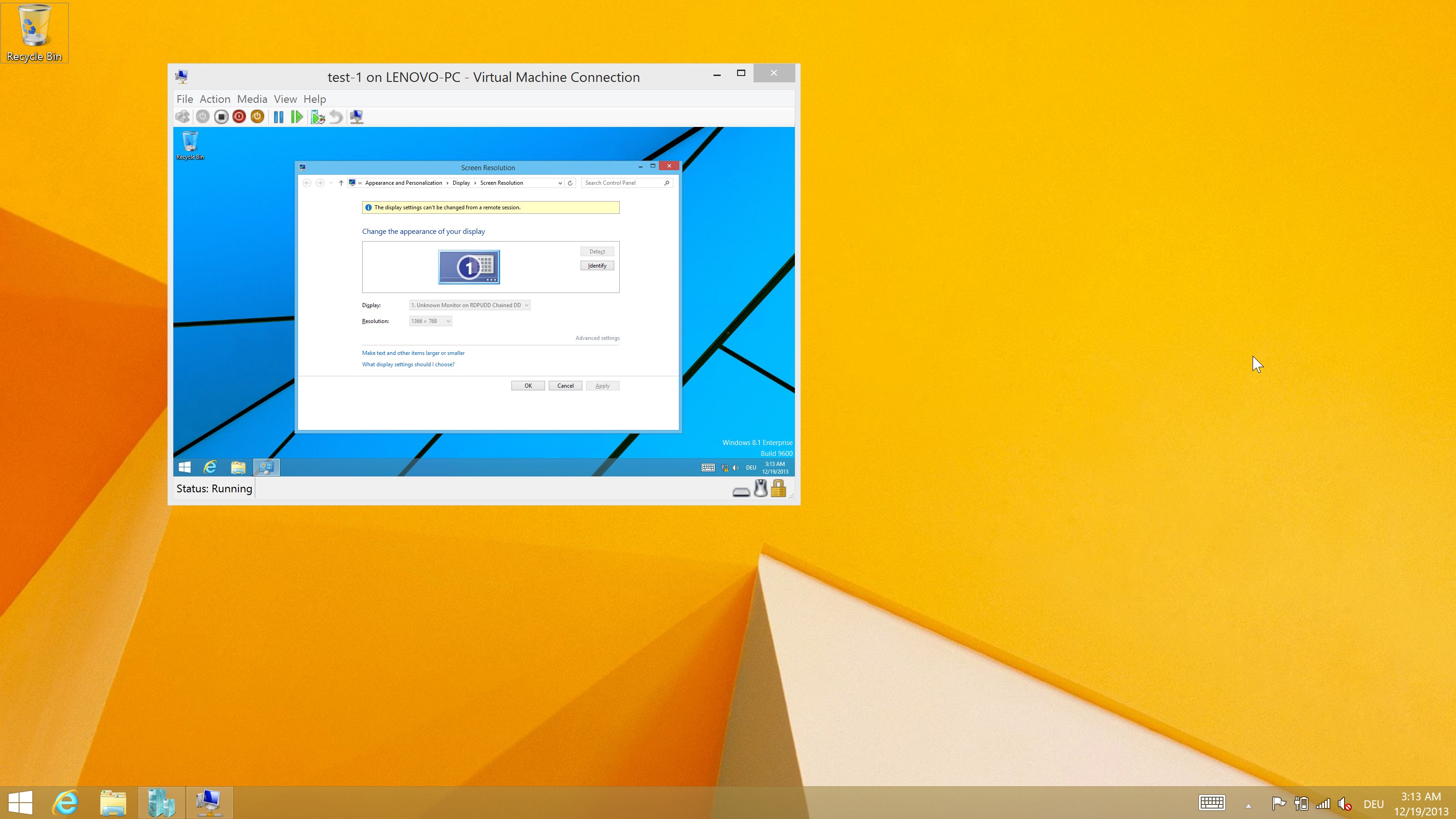  [3200x1800px, 200%] Der 'Enhanced Session View' mit vmconnect.exe. Die VM hat eine Auflösung von 1366x768 Px. Mit solch kleinen Elementen kann man m. E. nicht arbeiten.